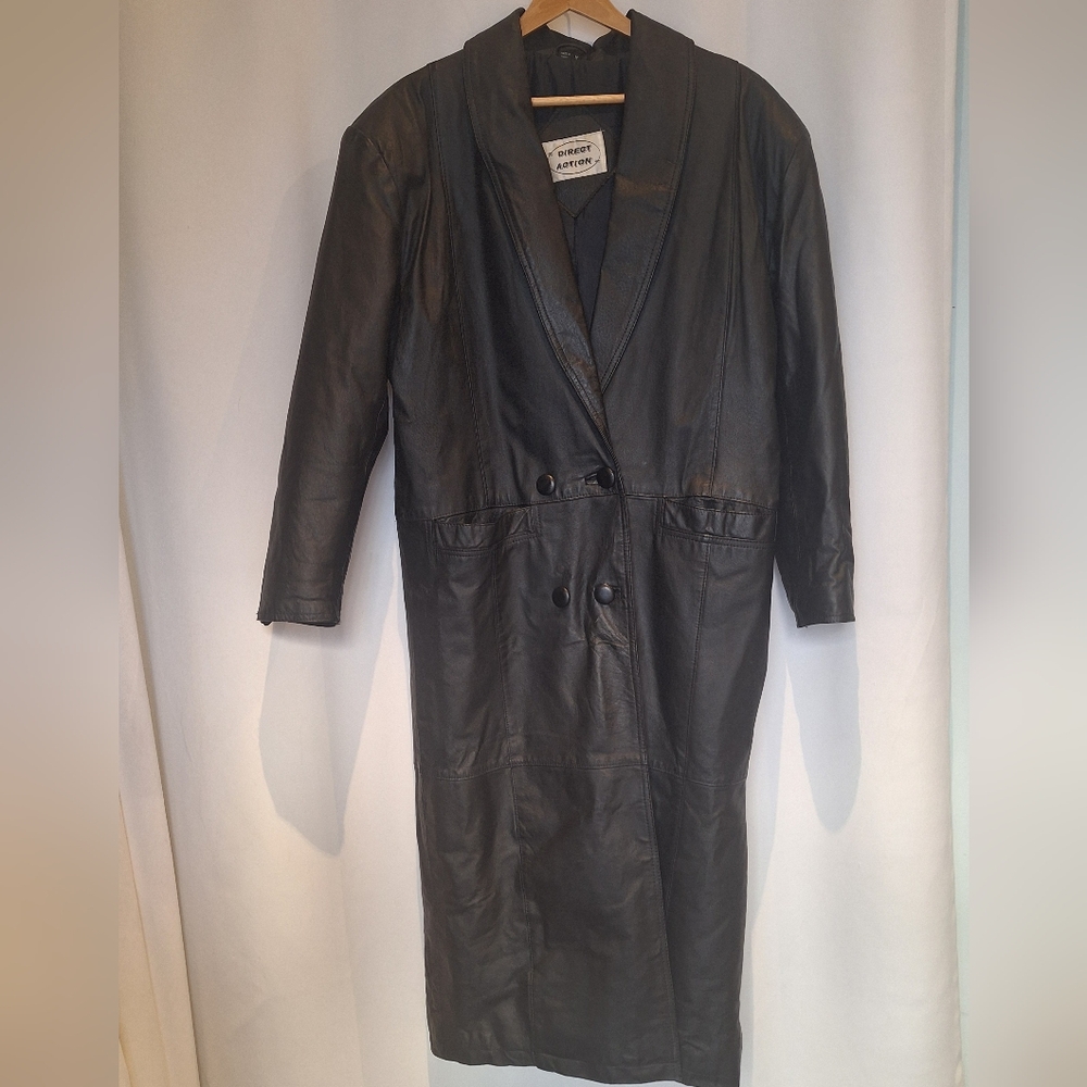 Vintage Direct Action Black Leather Trench Coat Size M
